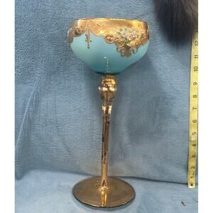 Tall Venetian Aqua Opaline Vase 24k Gold Floral Enamel Glass by Jayimp